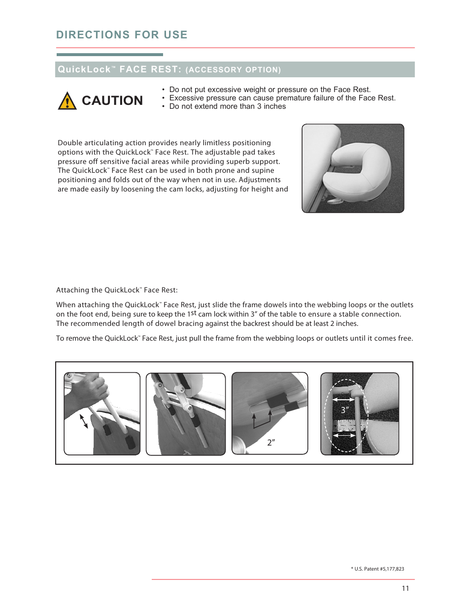 Caution, Directions for use, 3” quicklock | Face rest | Oakworks Celesta/Clodagh Gemini User Manual | Page 15 / 20