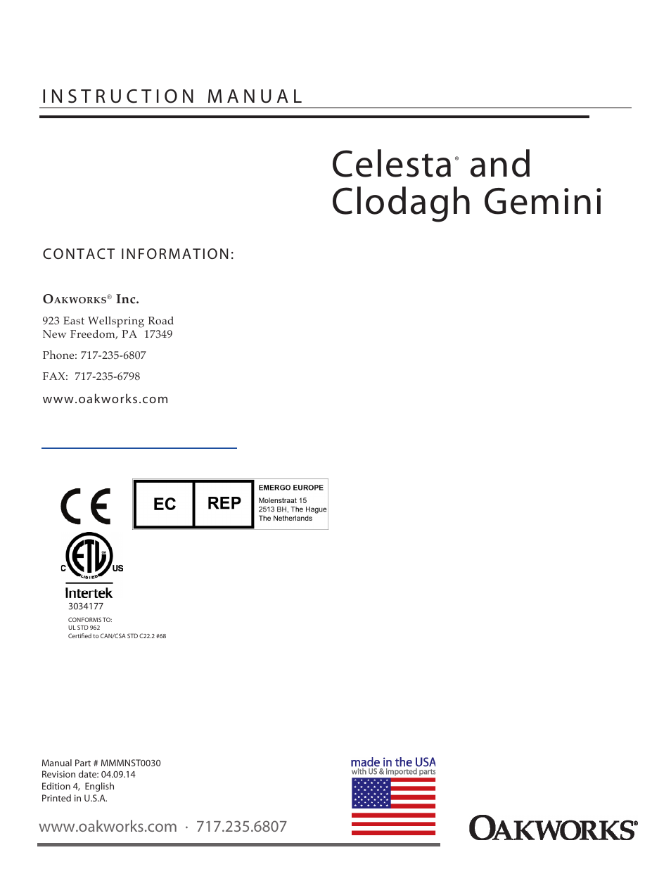 Celesta, And clodagh gemini | Oakworks Celesta/Clodagh Gemini User Manual | Page 20 / 20