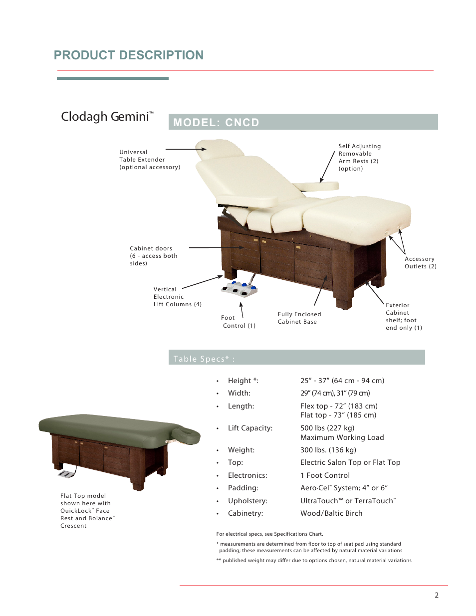 Clodagh gemini, Product description, Model: cncd | Table specs | Oakworks Celesta/Clodagh Gemini User Manual | Page 7 / 20