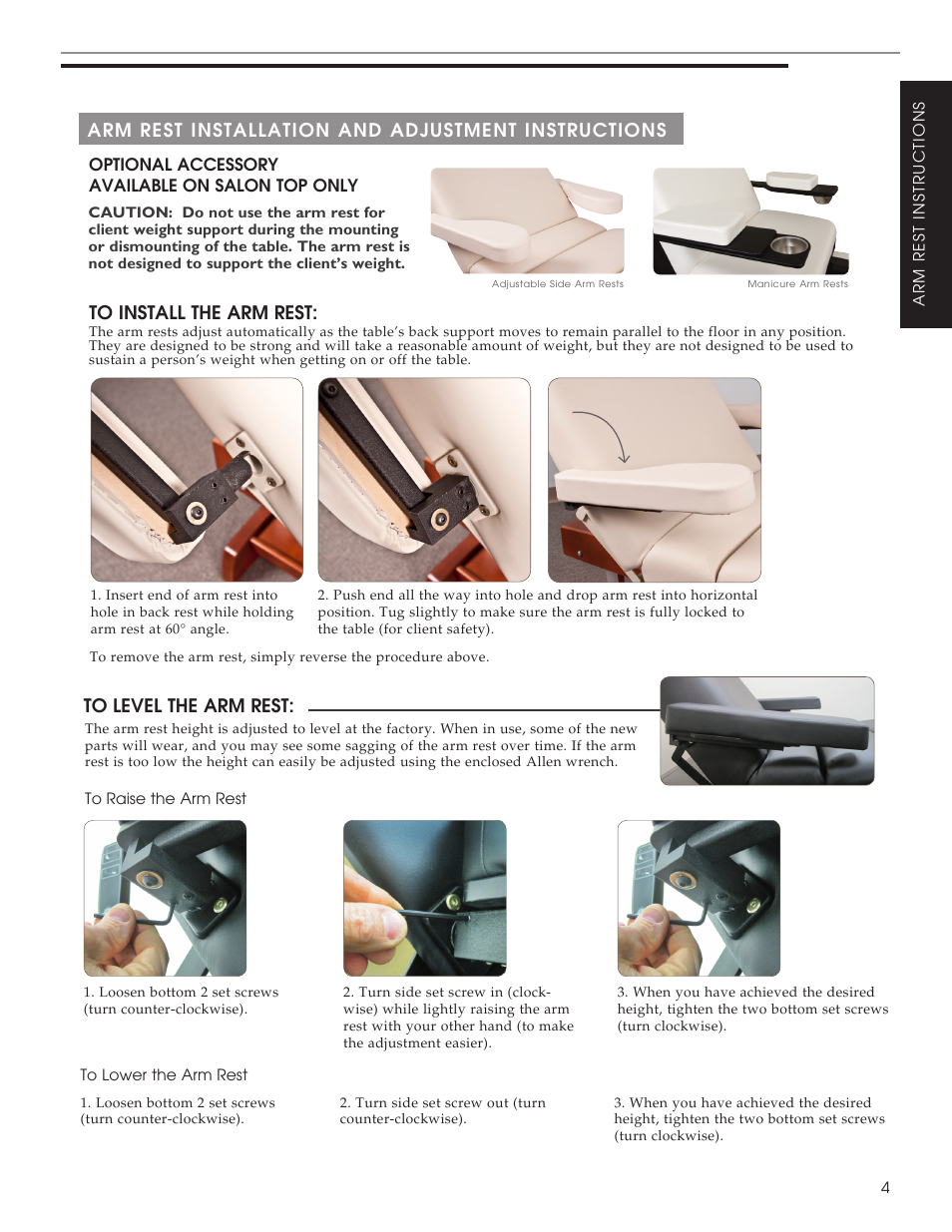 Warnings, Arm rest installation and adjustment instructions | Oakworks Clinician Adjustable User Manual | Page 5 / 8