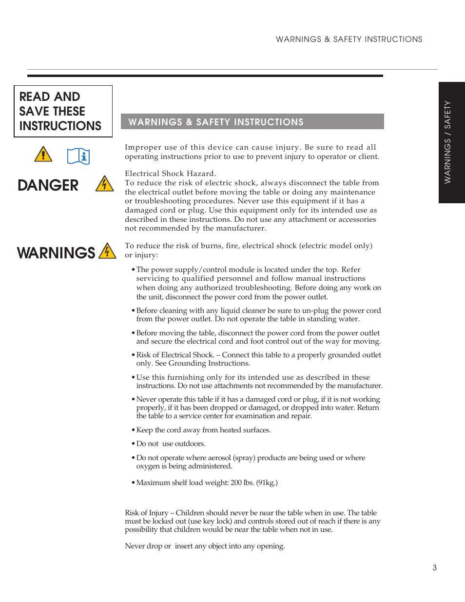 Danger warnings, Read and save these instructions | Oakworks Clinician - Electric / Hyrdaulic User Manual | Page 5 / 20