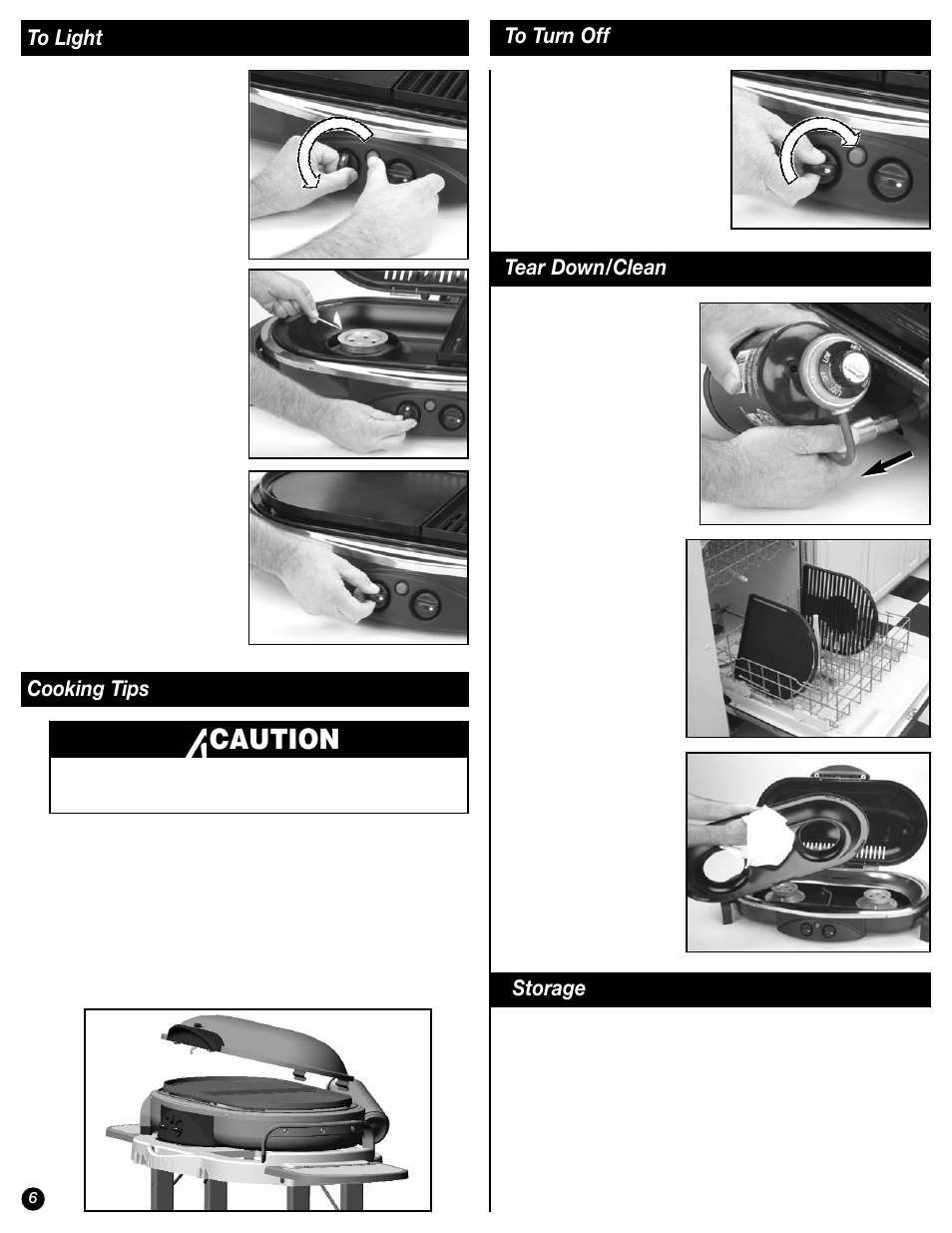 Caution, Cooking tips, Tear down/clean | Storage | Coleman 9941 Series User Manual | Page 6 / 12