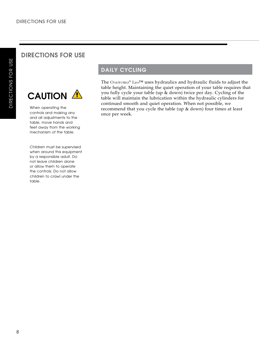 Caution, Directions for use | Oakworks Clodagh Leo User Manual | Page 10 / 20