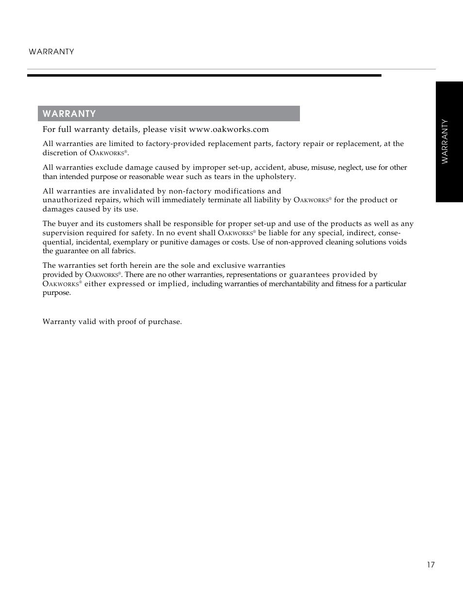 Warranty | Oakworks Clodagh Leo User Manual | Page 19 / 20