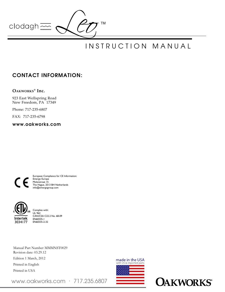 Oakworks Clodagh Leo User Manual | Page 20 / 20