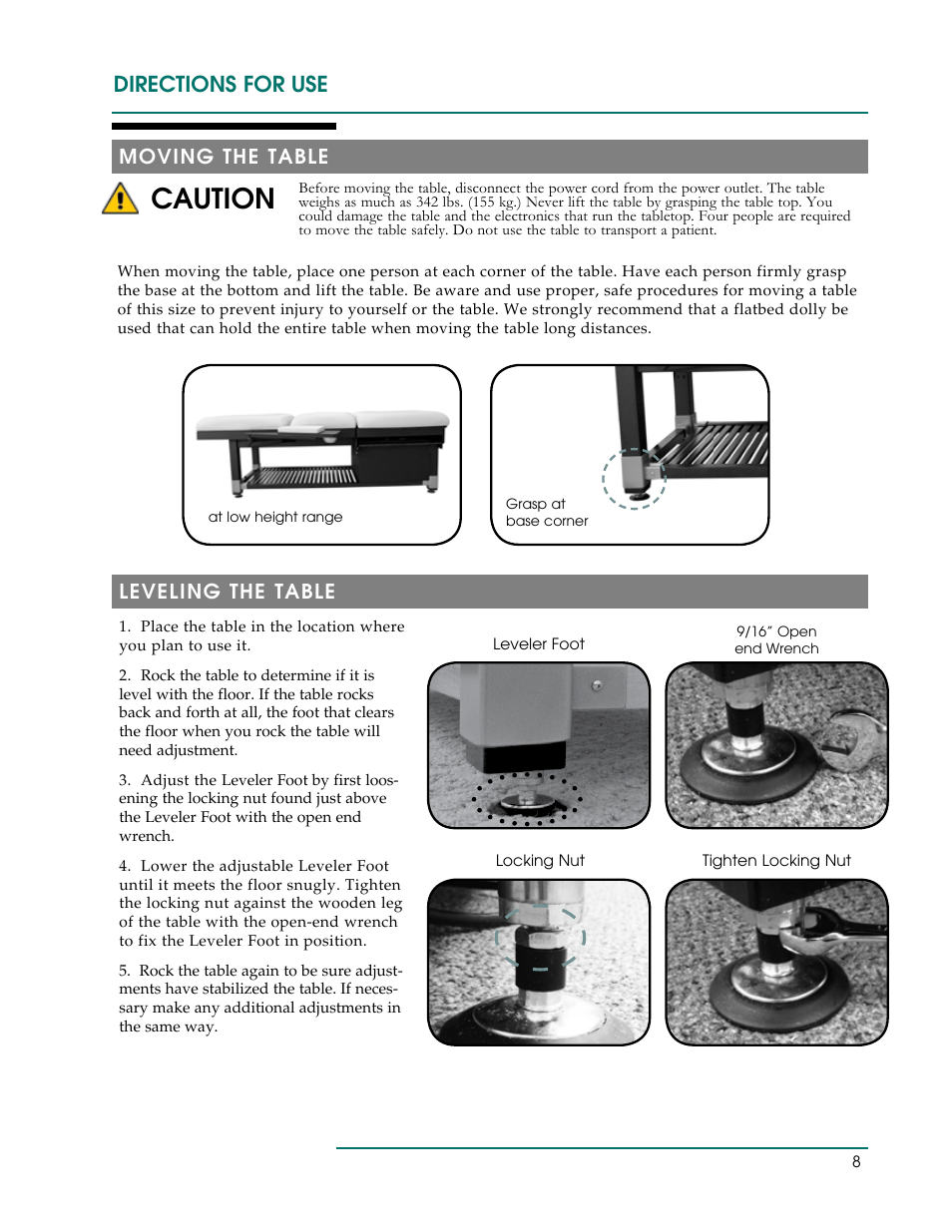 Caution, Directions for use, Moving the table | Leveling the table | Oakworks Clodagh Libra User Manual | Page 11 / 24