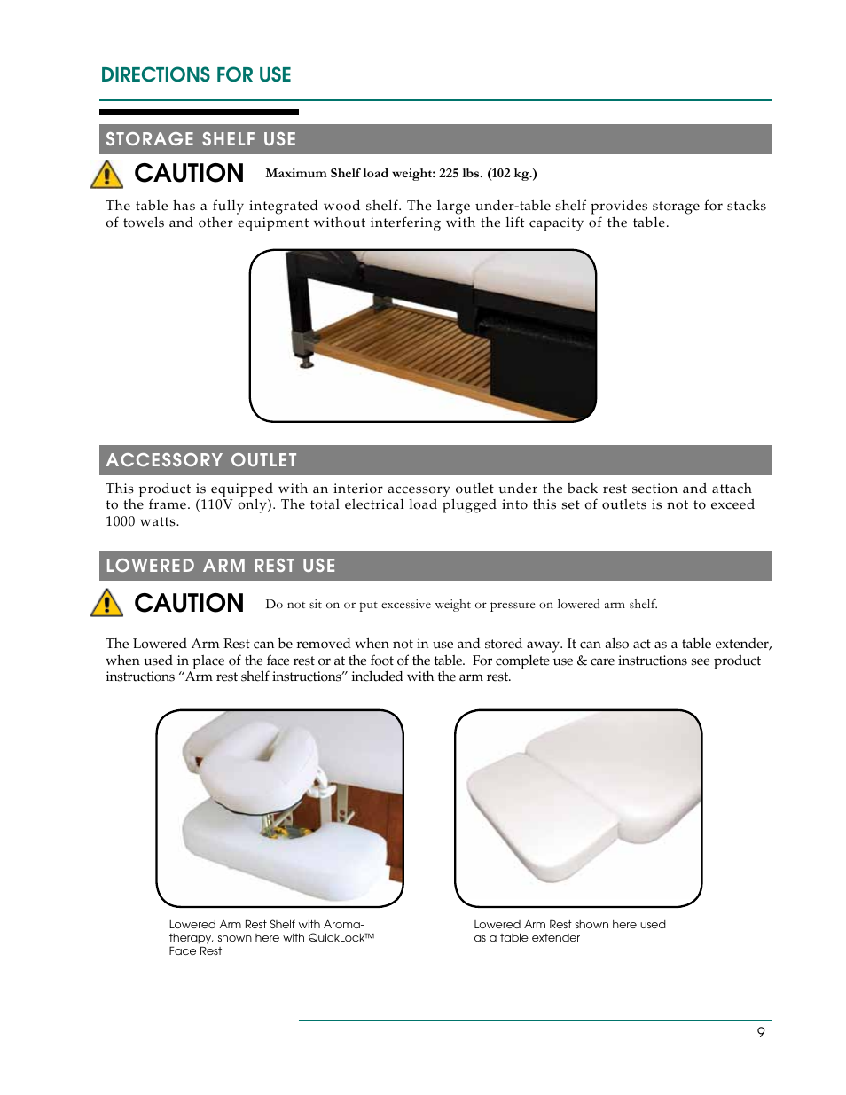 Caution, Directions for use, Storage shelf use | Accessory outlet, Lowered arm rest use | Oakworks Clodagh Libra User Manual | Page 12 / 24