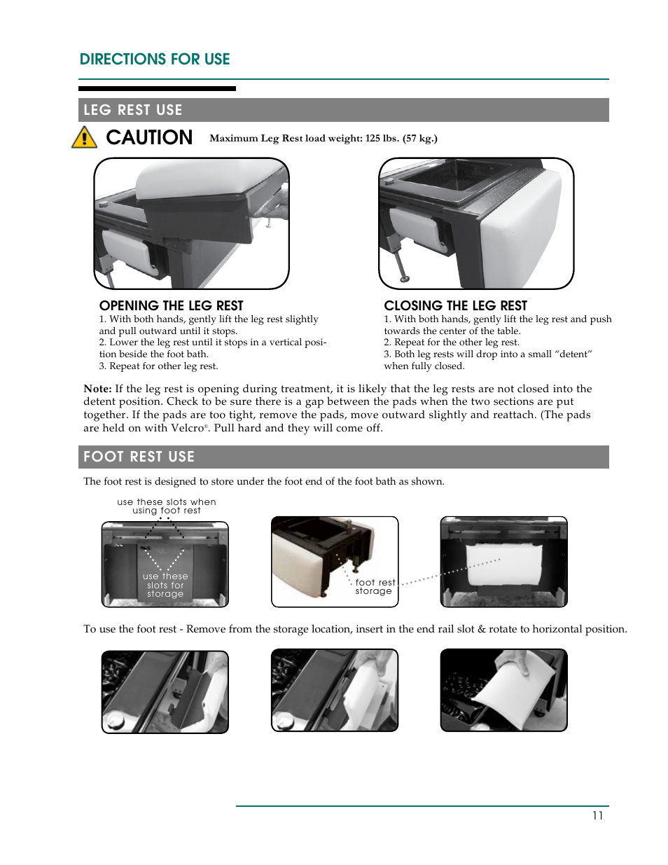 Caution, Directions for use, Leg rest use | Foot rest use | Oakworks Clodagh Libra User Manual | Page 14 / 24