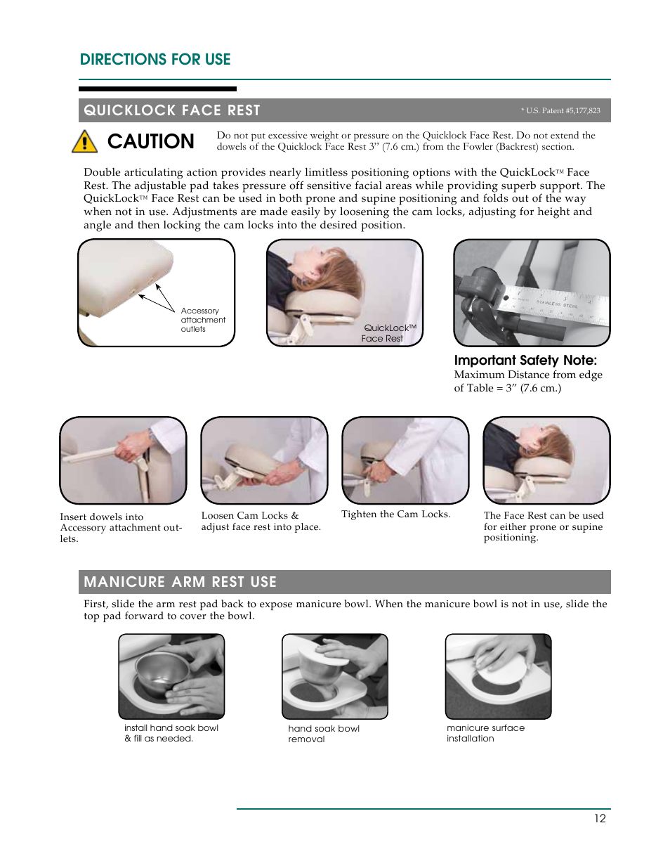 Caution, Directions for use, Quicklock face rest | Manicure arm rest use | Oakworks Clodagh Libra User Manual | Page 15 / 24