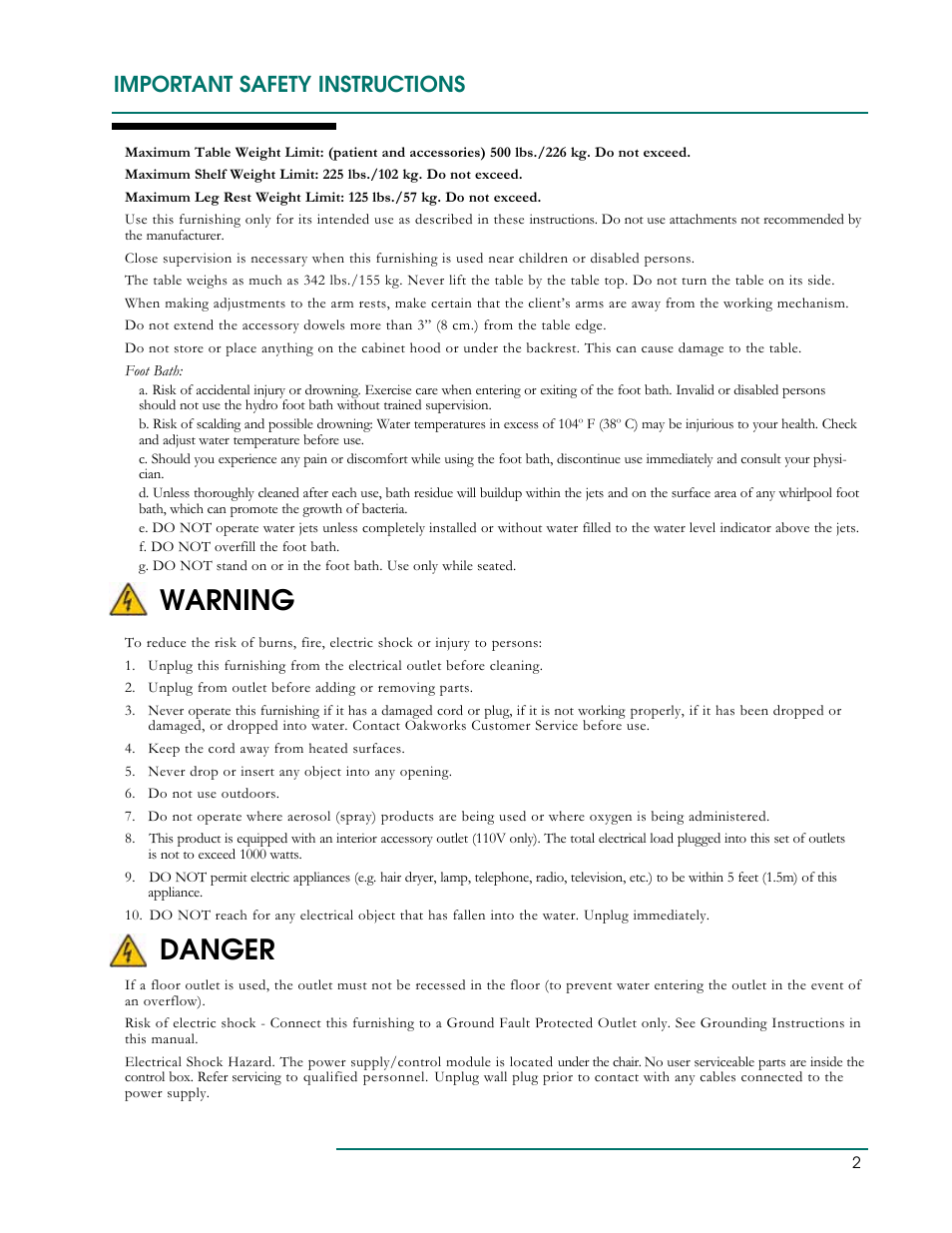 Warning, Danger, Important safety instructions | Oakworks Clodagh Libra User Manual | Page 5 / 24