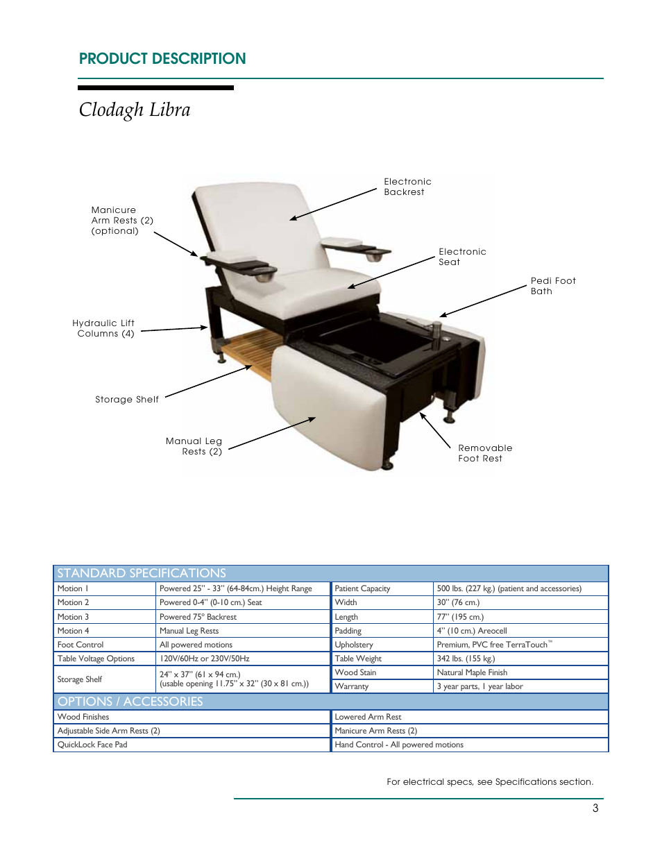 Clodagh libra, Product description, Standard specifications | Options / accessories | Oakworks Clodagh Libra User Manual | Page 6 / 24