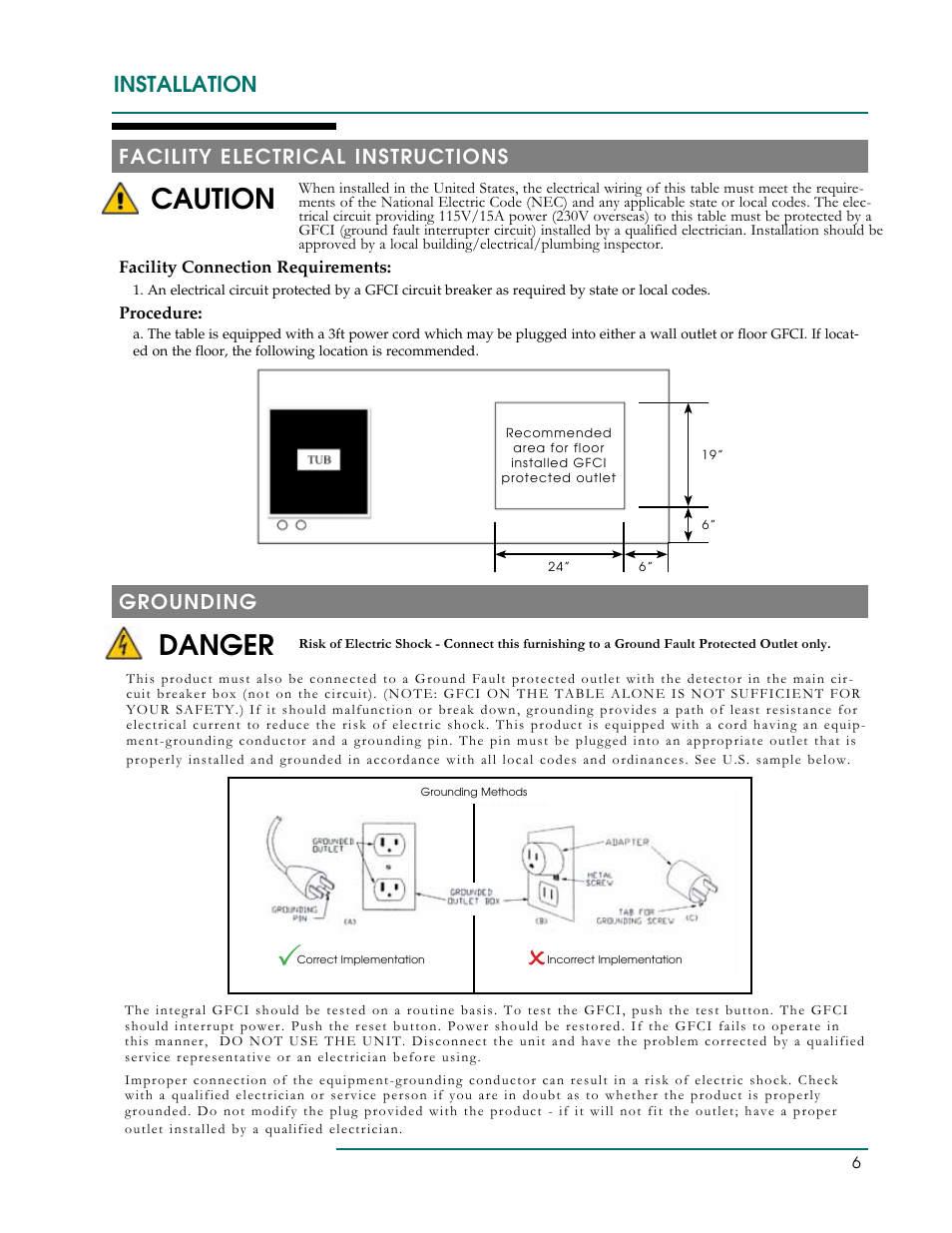 Danger, Caution, Installation | Grounding, Facility electrical instructions | Oakworks Clodagh Libra User Manual | Page 9 / 24