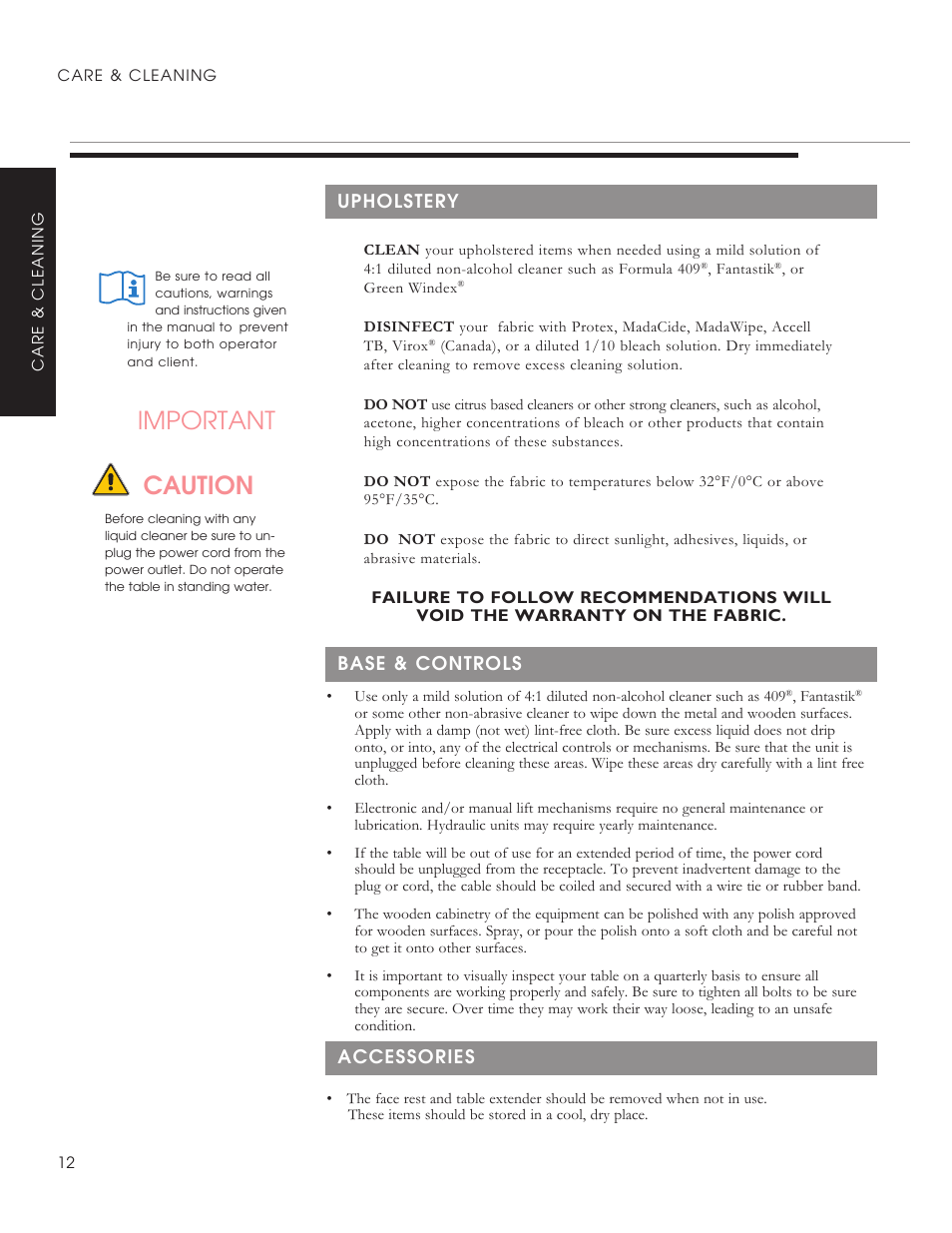 Important caution, Upholstery, Base & controls accessories | Oakworks Clodagh Virgo User Manual | Page 14 / 20
