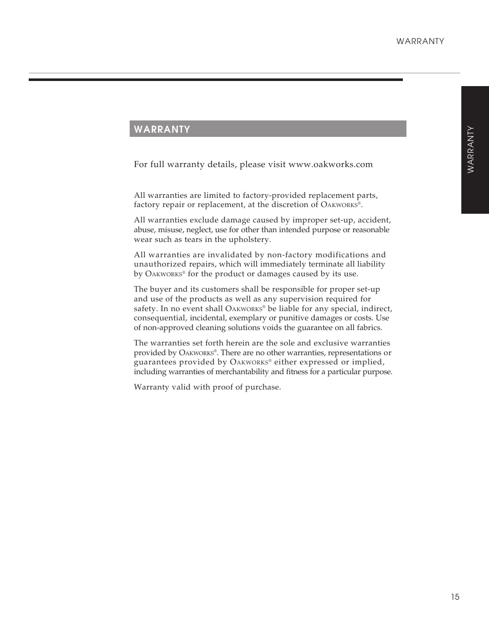 Warranty | Oakworks Clodagh Virgo User Manual | Page 17 / 20