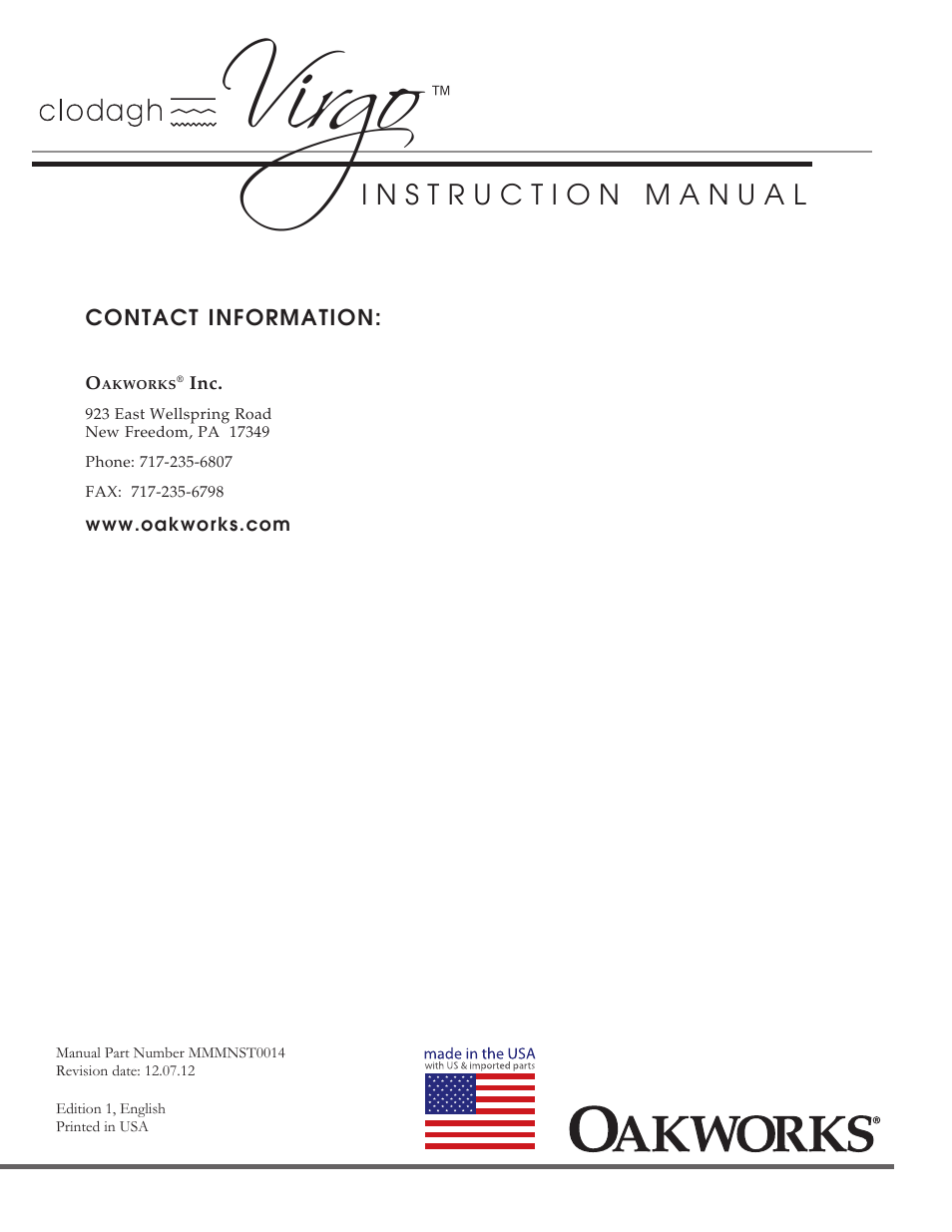 Virgo | Oakworks Clodagh Virgo User Manual | Page 20 / 20