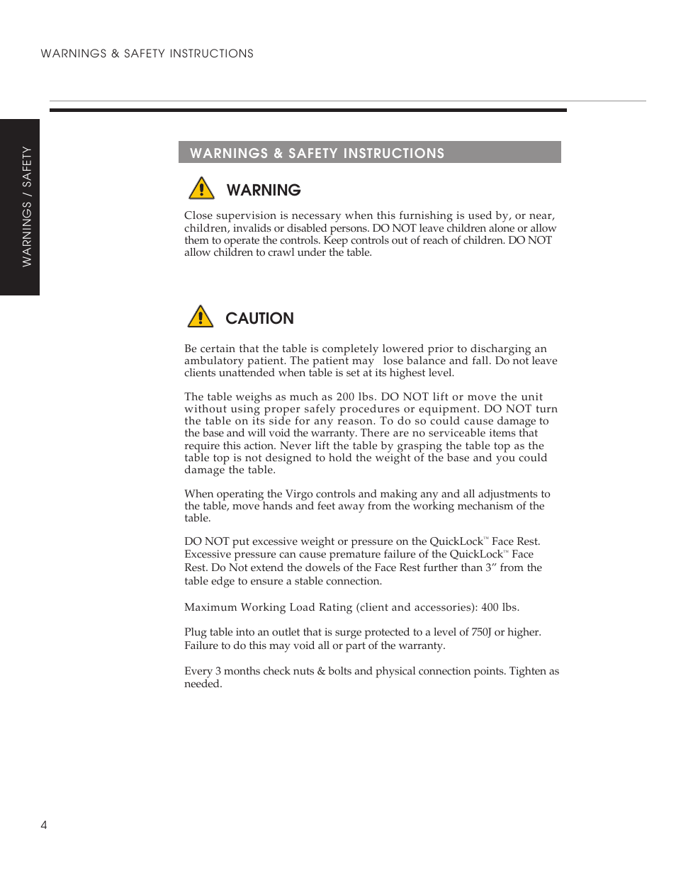 Warning caution | Oakworks Clodagh Virgo User Manual | Page 6 / 20