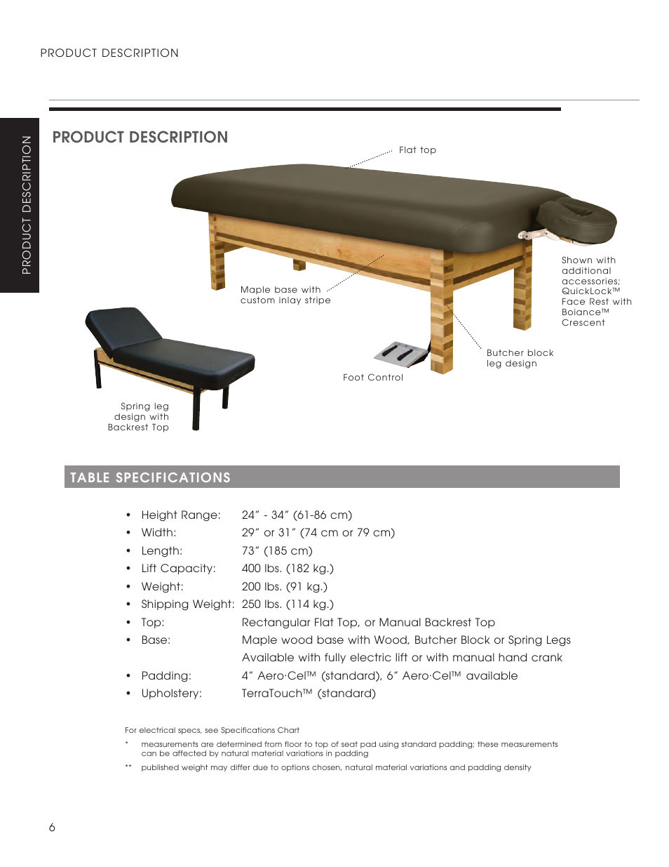 Product description, Table specifications | Oakworks Clodagh Virgo User Manual | Page 8 / 20