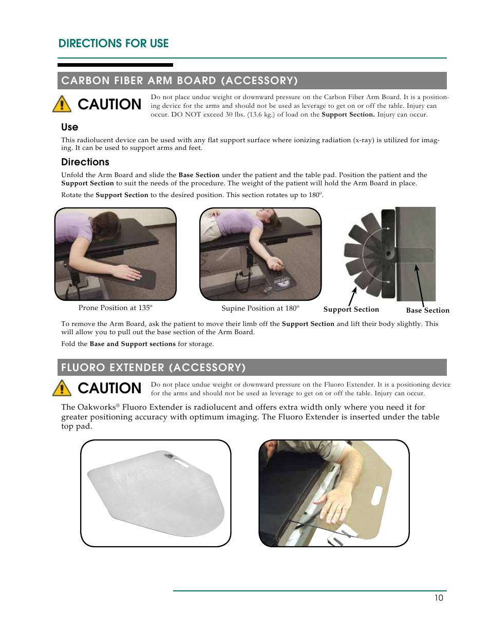 Caution, Directions for use, Carbon fiber arm board (accessory) | Fluoro extender (accessory) | Oakworks DTPM300 User Manual | Page 13 / 24