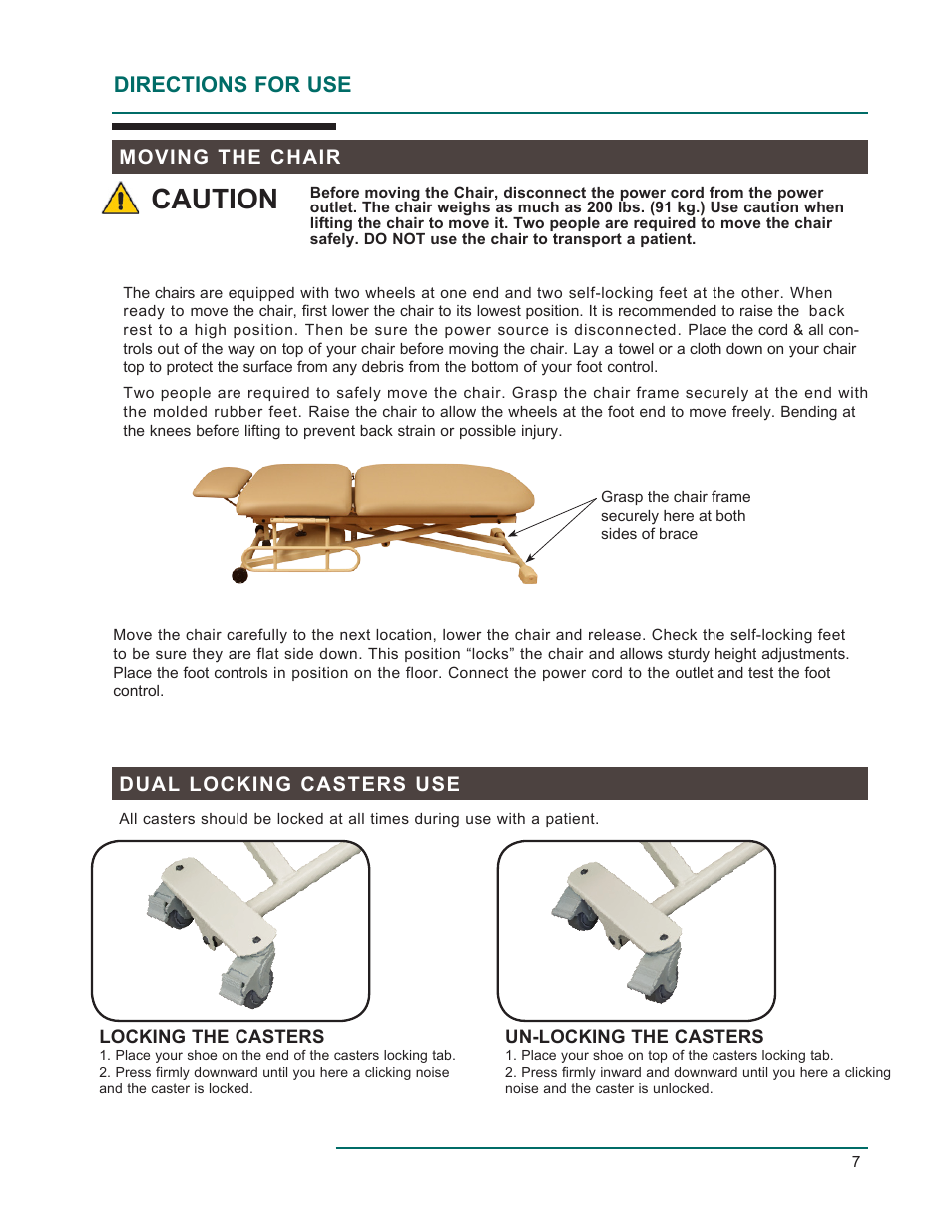 Caution, Directions for use, Dual locking casters use | Moving the chair | Oakworks EC Series Procedure Chair User Manual | Page 10 / 20