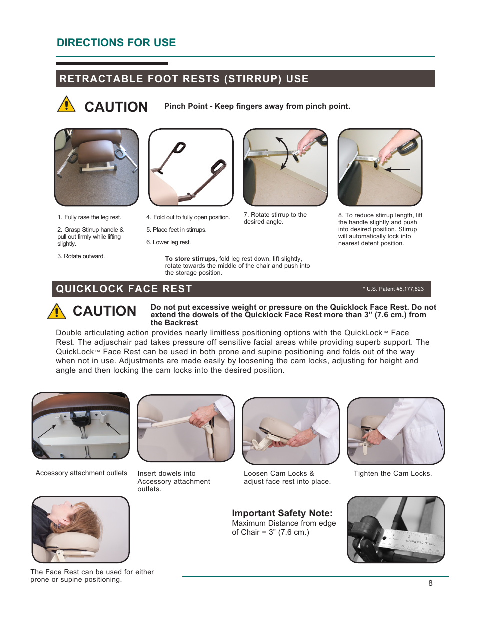 Caution, Directions for use, Retractable foot rests (stirrup) use | Quicklock face rest | Oakworks EC Series Procedure Chair User Manual | Page 11 / 20