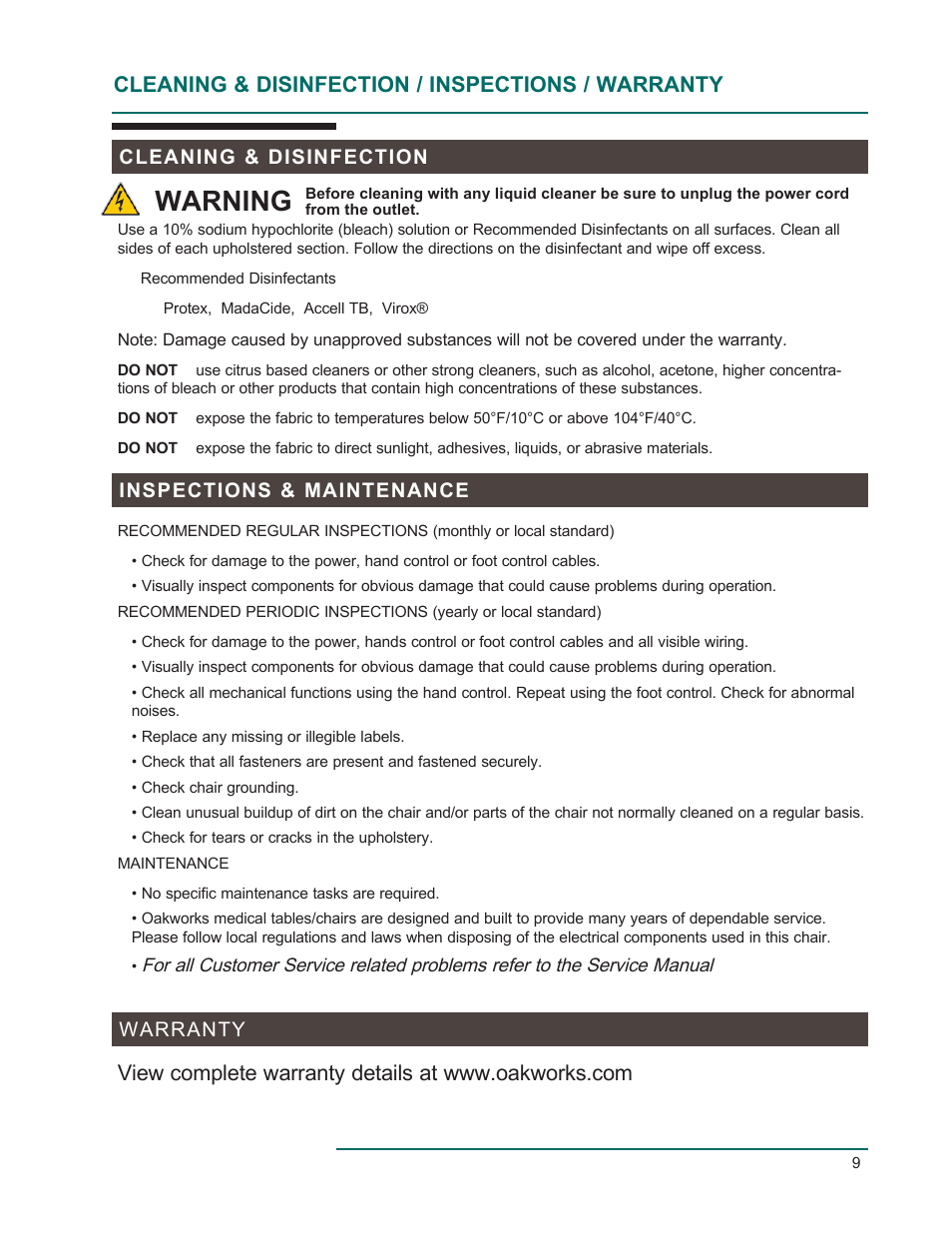 Warning, Cleaning & disinfection / inspections / warranty | Oakworks EC Series Procedure Chair User Manual | Page 12 / 20