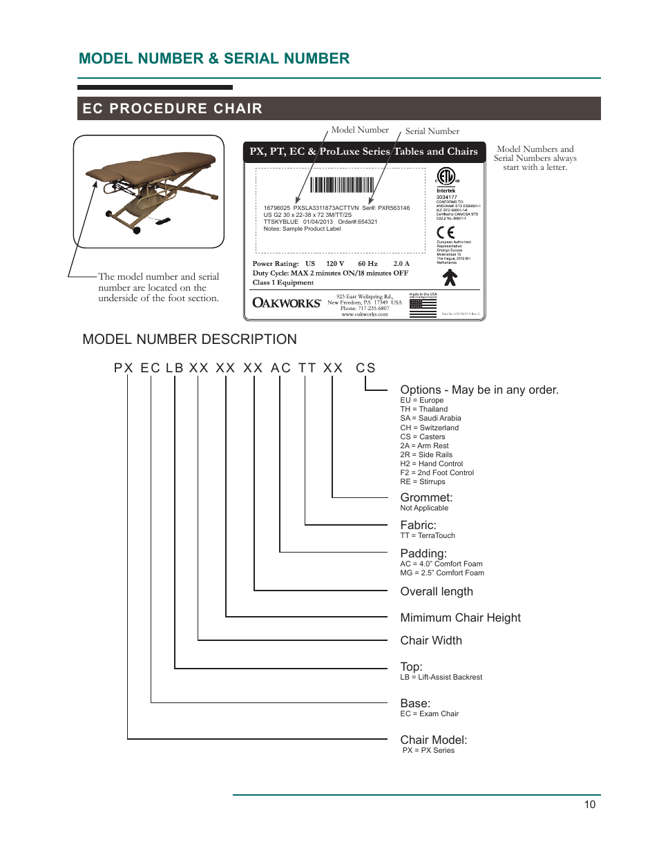 Model number & serial number, Model number description, Ec procedure chair | P x e c, X x x x | Oakworks EC Series Procedure Chair User Manual | Page 13 / 20