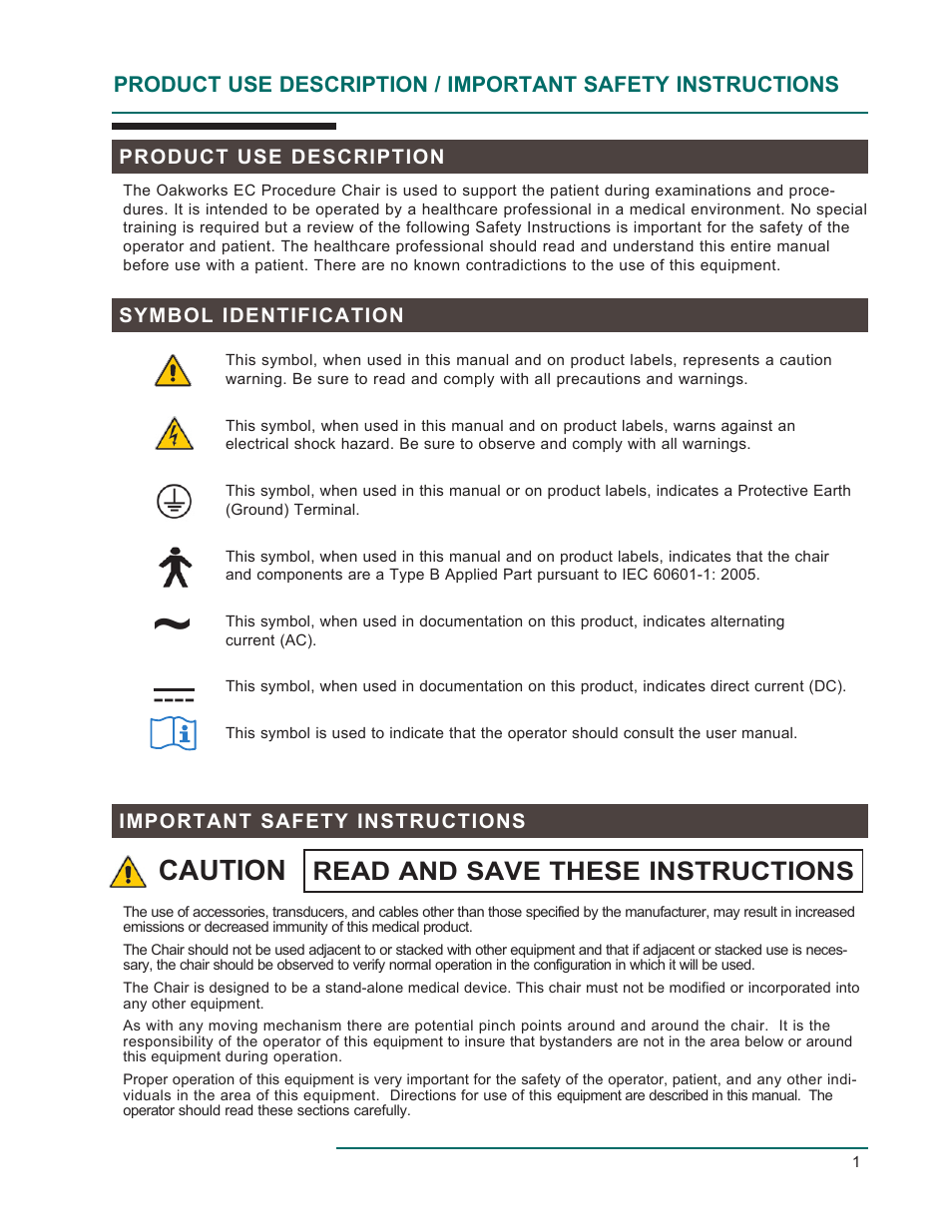 Caution, Read and save these instructions | Oakworks EC Series Procedure Chair User Manual | Page 4 / 20
