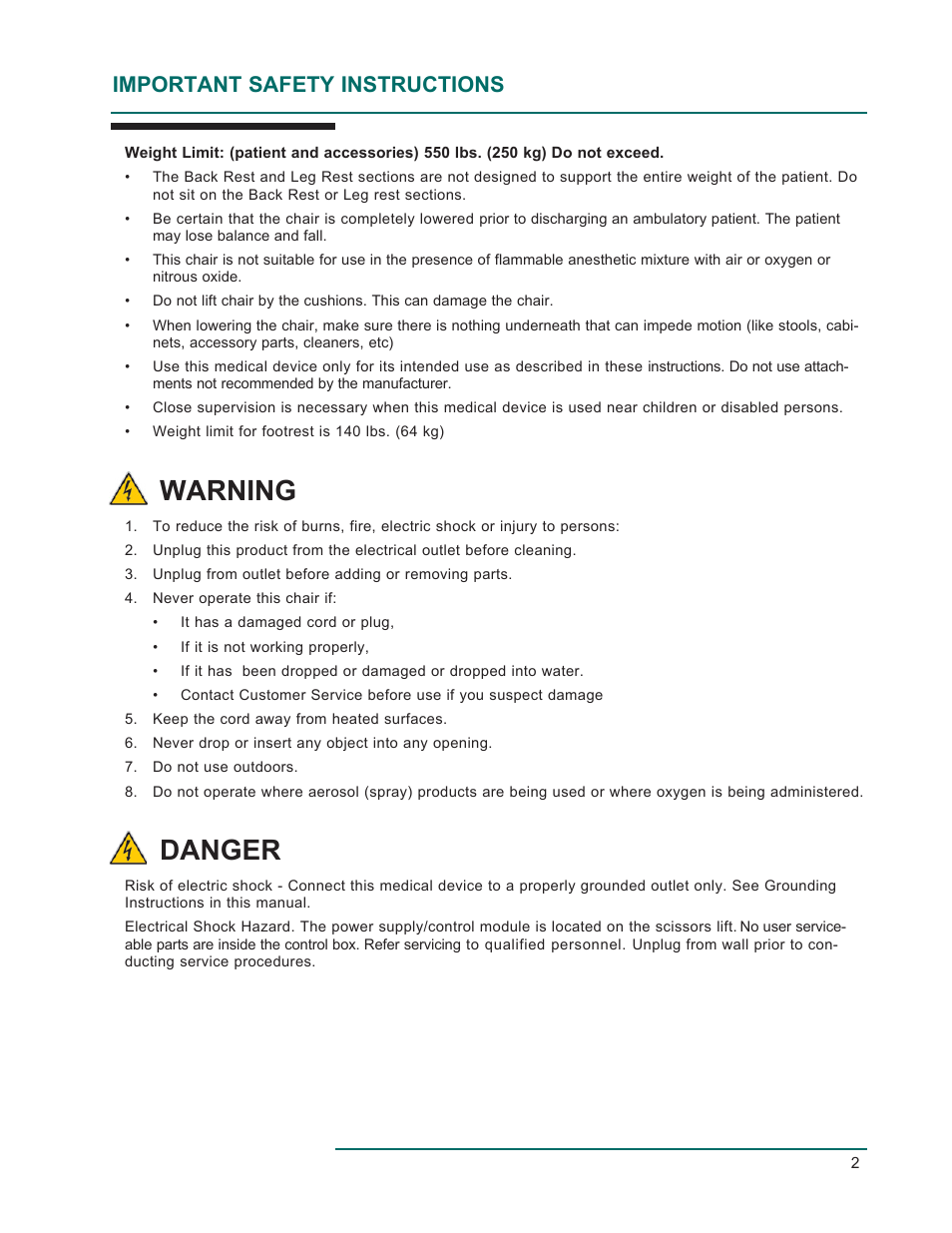 Warning, Danger, Important safety instructions | Oakworks EC Series Procedure Chair User Manual | Page 5 / 20