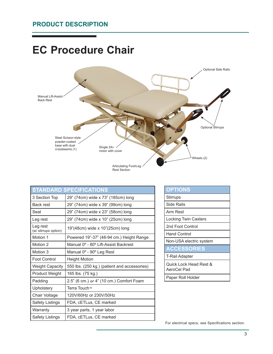 Ec procedure chair, Product description, Standard specifications | Options, Accessories | Oakworks EC Series Procedure Chair User Manual | Page 6 / 20