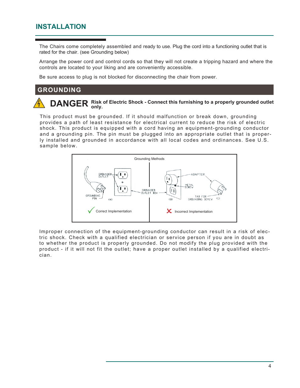 Danger, Installation | Oakworks EC Series Procedure Chair User Manual | Page 7 / 20