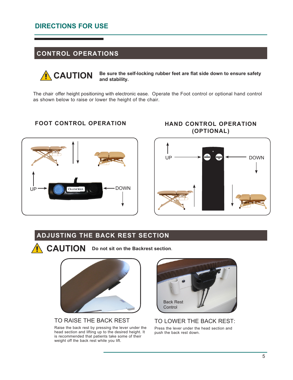 Caution, Directions for use, Control operations | Foot control operation, Hand control operation (optional) | Oakworks EC Series Procedure Chair User Manual | Page 8 / 20