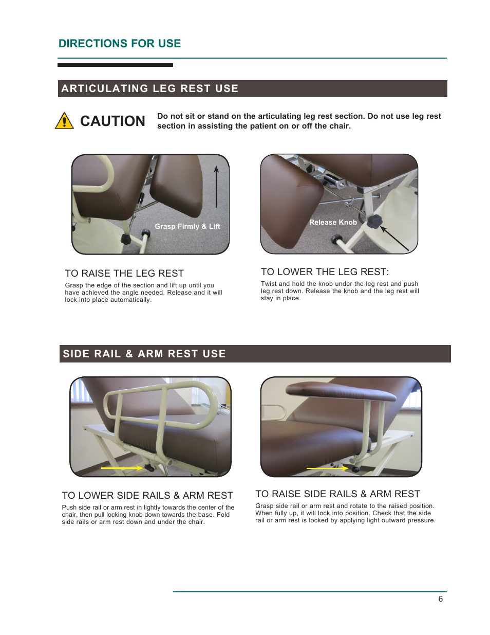 Caution, Directions for use, Articulating leg rest use | Side rail & arm rest use | Oakworks EC Series Procedure Chair User Manual | Page 9 / 20