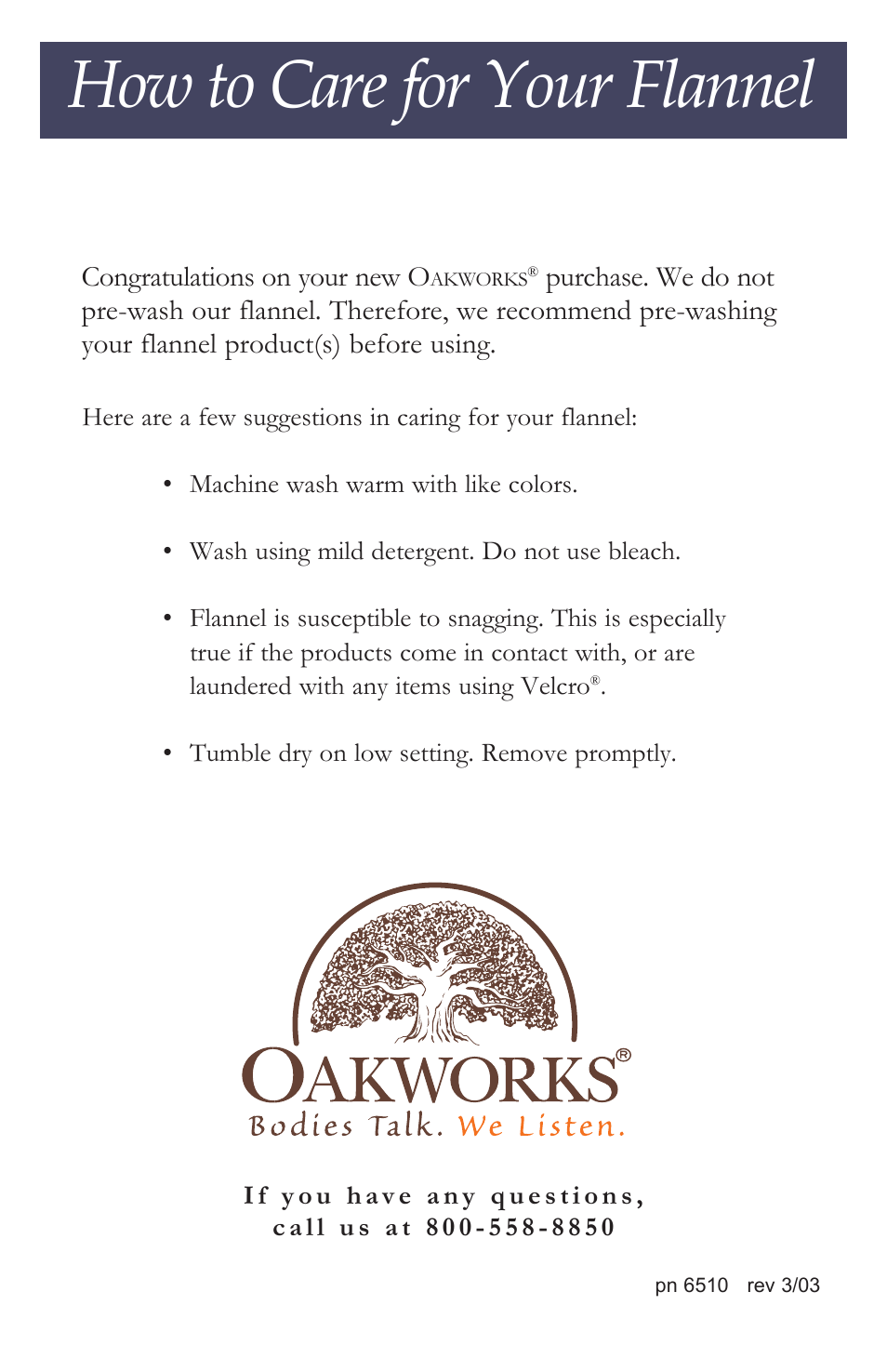 Oakworks Flannel Care User Manual | 1 page