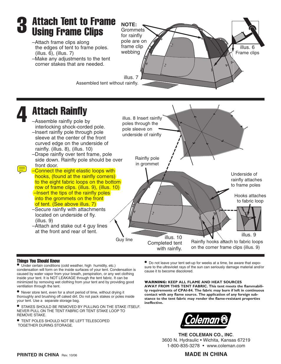 Attach tent to frame using frame clips, Attach rainfly | Coleman Tent 9277B151 User Manual | Page 2 / 2