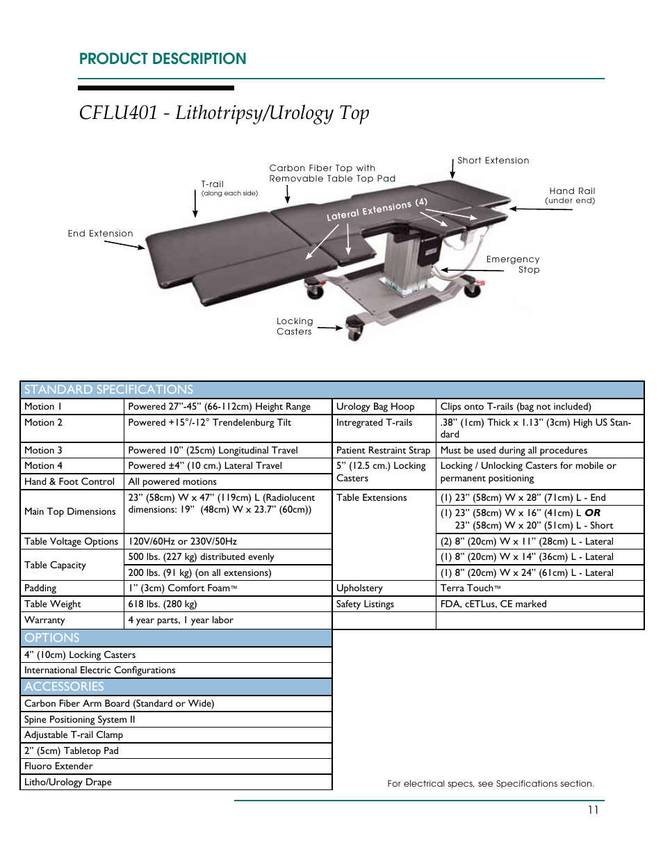 Cflu401 - lithotripsy/urology top, Product description, Standard specifications | Options, Accessories | Oakworks CFLU401 User Manual | Page 14 / 40