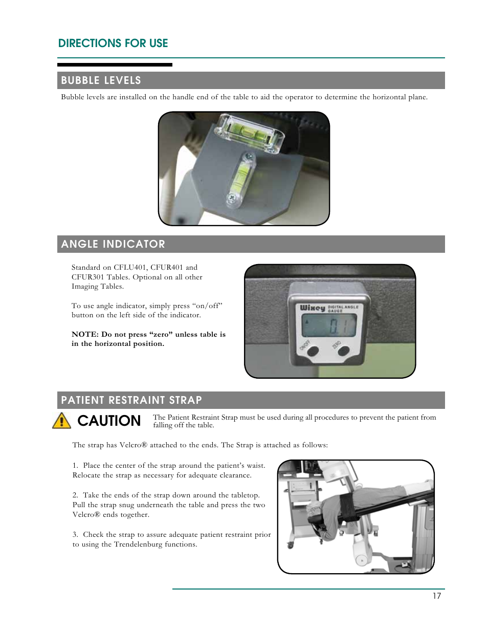 Caution, Directions for use, Bubble levels | Angle indicator, Patient restraint strap | Oakworks CFLU401 User Manual | Page 20 / 40