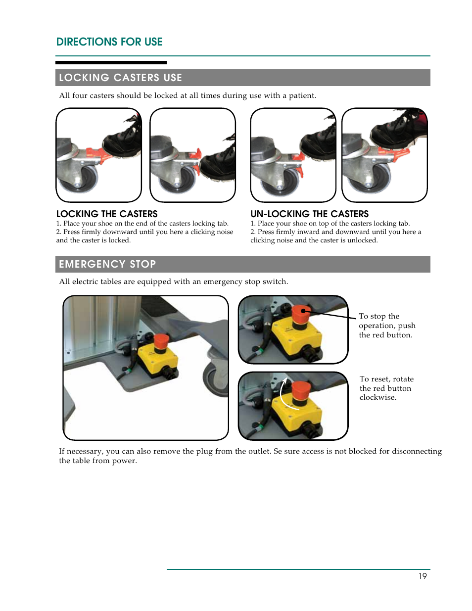 Directions for use, Locking casters use, Emergency stop | Oakworks CFLU401 User Manual | Page 22 / 40