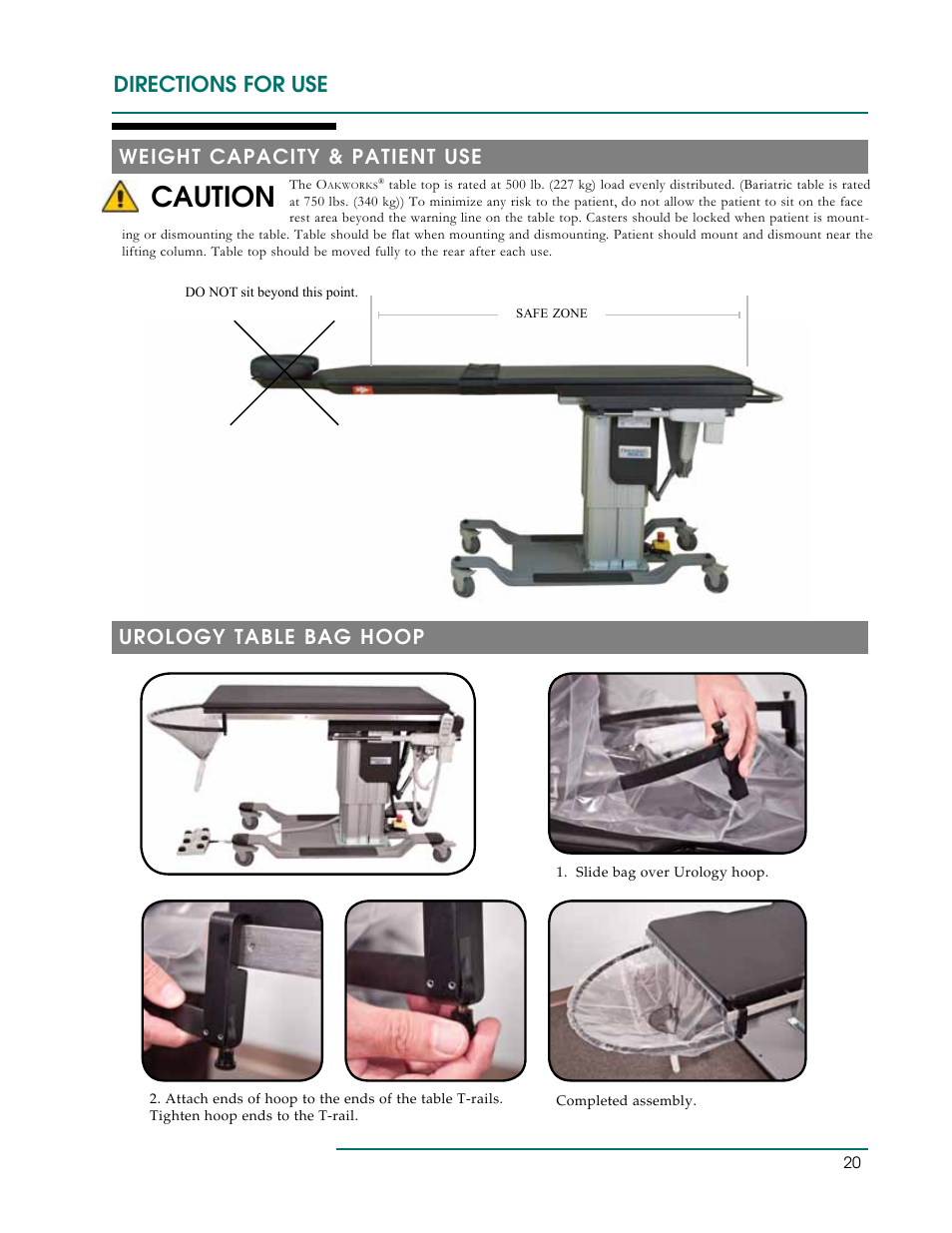 Caution, Directions for use, Weight capacity & patient use | Urology table bag hoop | Oakworks CFLU401 User Manual | Page 23 / 40