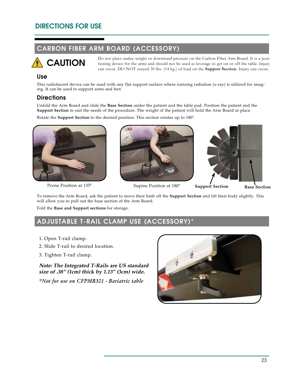 Caution, Directions for use, Carbon fiber arm board (accessory) | Adjustable t-rail clamp use (accessory) | Oakworks CFLU401 User Manual | Page 26 / 40