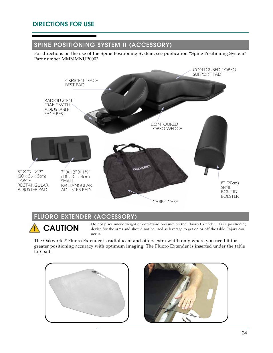 Caution, Directions for use, Spine positioning system ii (accessory) | Fluoro extender (accessory) | Oakworks CFLU401 User Manual | Page 27 / 40