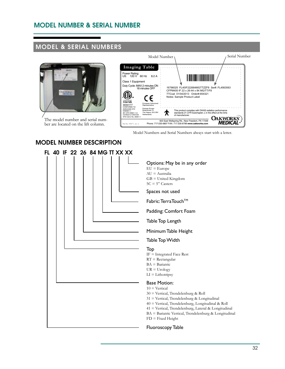 Model number & serial number, Model & serial numbers model number description, Fluoroscopy table base motion | Spaces not used options: may be in any order | Oakworks CFLU401 User Manual | Page 35 / 40