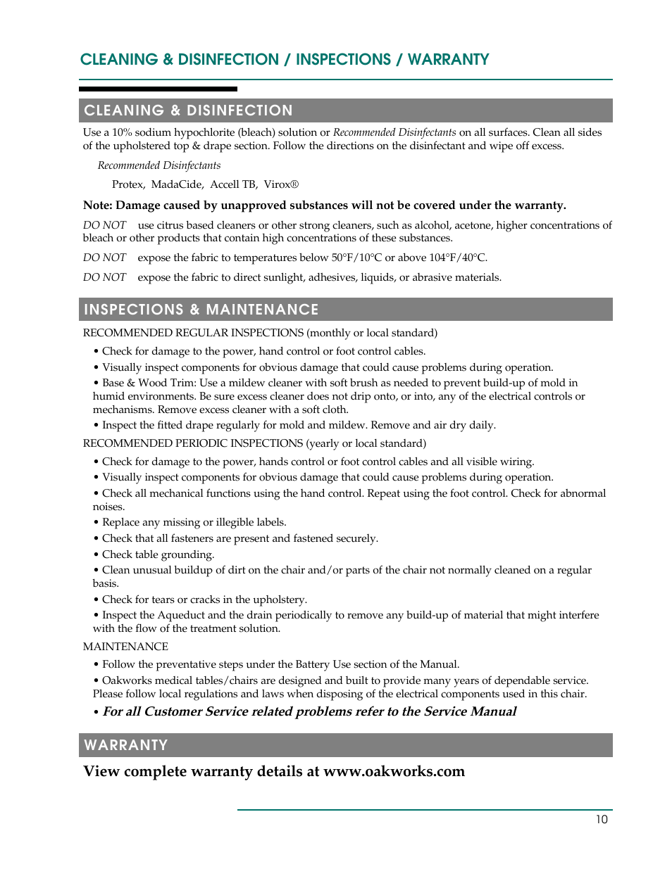 Cleaning & disinfection / inspections / warranty, Cleaning & disinfection, Inspections & maintenance | Warranty | Oakworks Marina User Manual | Page 13 / 16