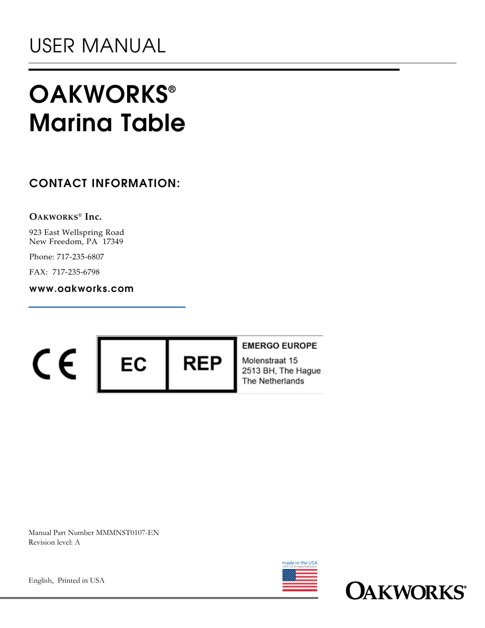 Oakworks, Marina table, User manual | Oakworks Marina User Manual | Page 16 / 16