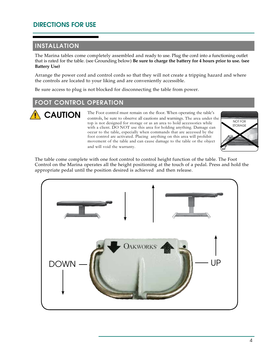Caution, Up down, Directions for use | Foot control operation, Installation | Oakworks Marina User Manual | Page 7 / 16