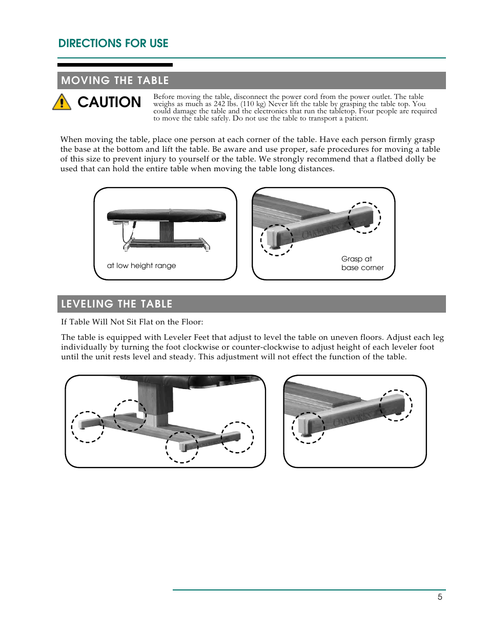 Caution, Directions for use, Moving the table | Leveling the table | Oakworks Marina User Manual | Page 8 / 16