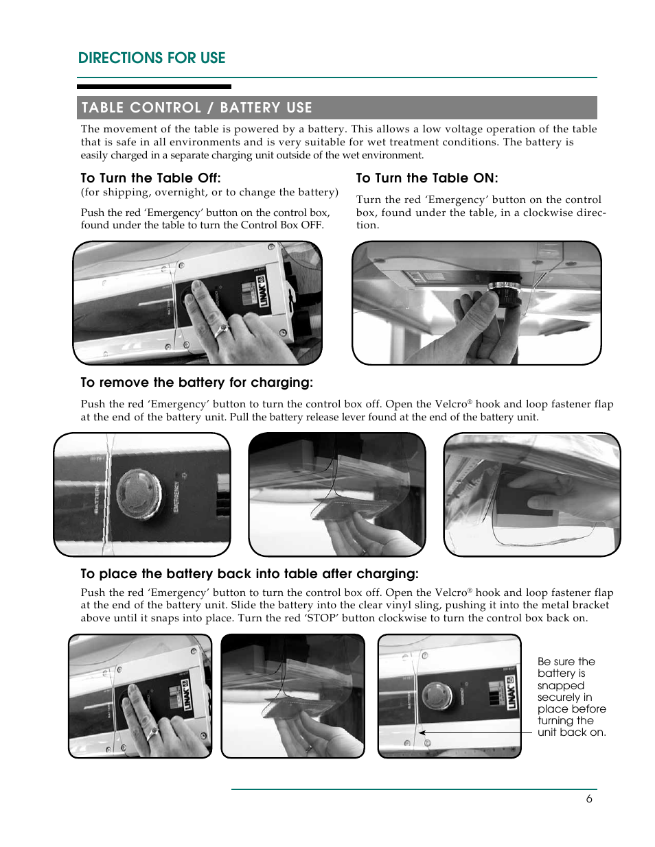 Directions for use, Table control / battery use | Oakworks Marina User Manual | Page 9 / 16