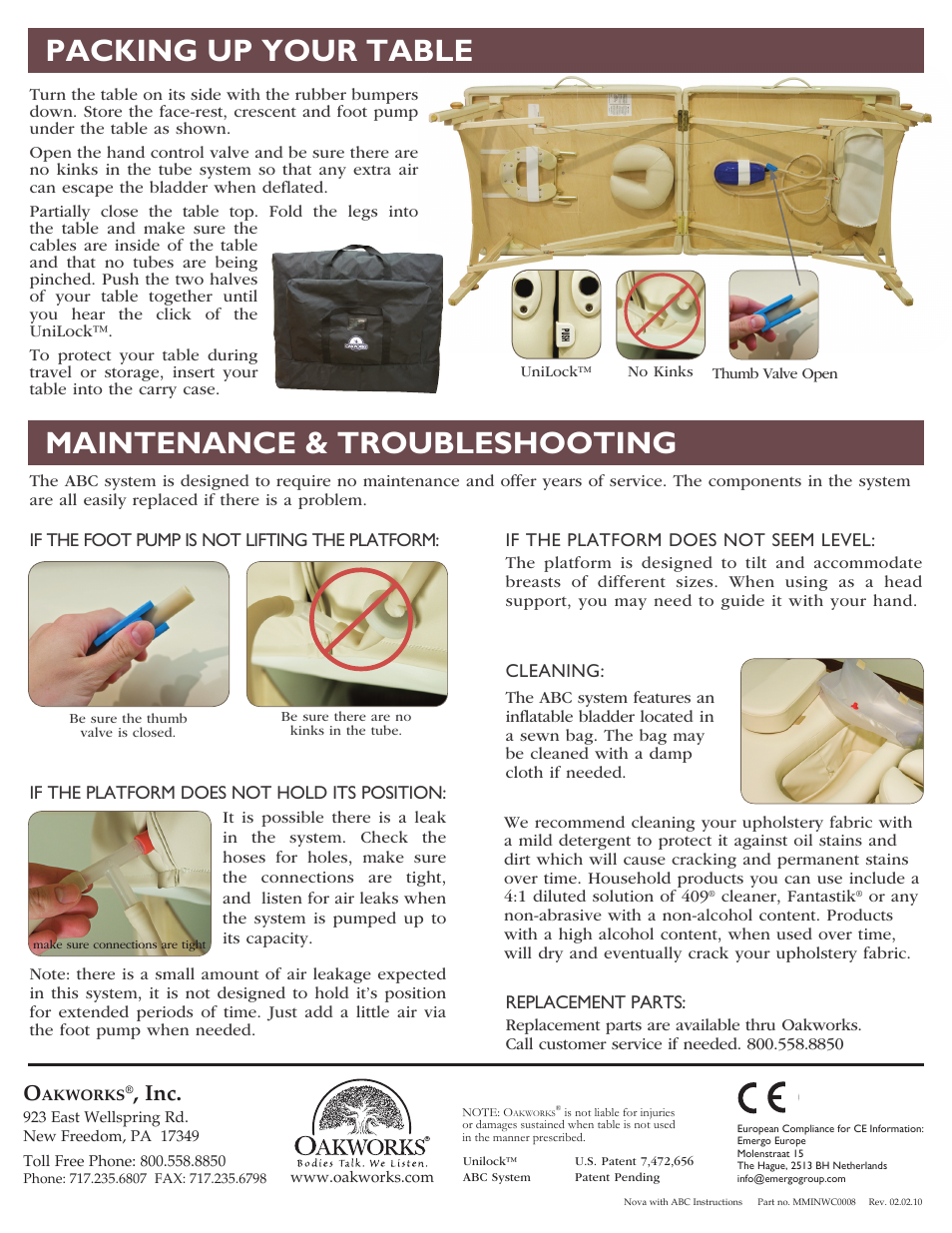 Packing up your table, Maintenance & troubleshooting | Oakworks Nova with ABC System Table Set Up and Care User Manual | Page 4 / 4