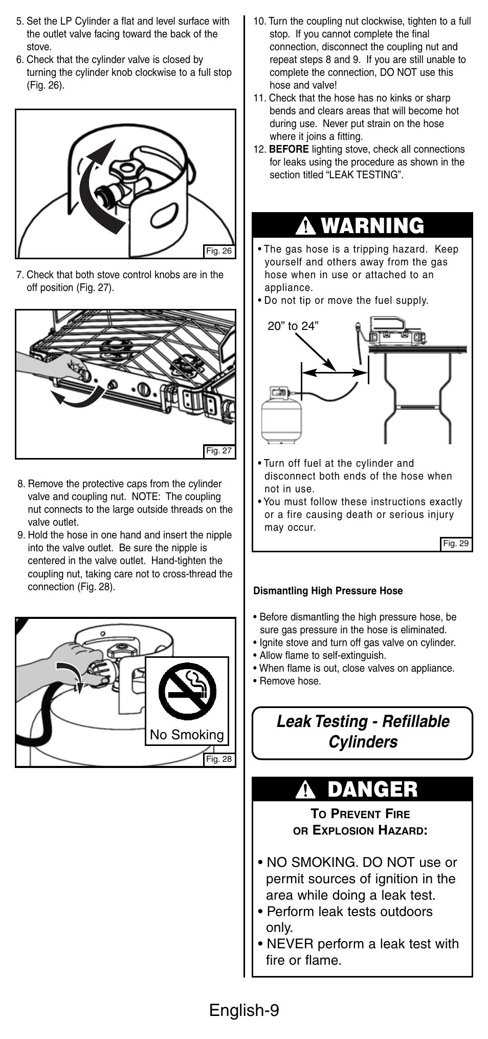 Danger, Warning, Leak testing - refillable cylinders | English-9 | Coleman 9422 Series User Manual | Page 10 / 16
