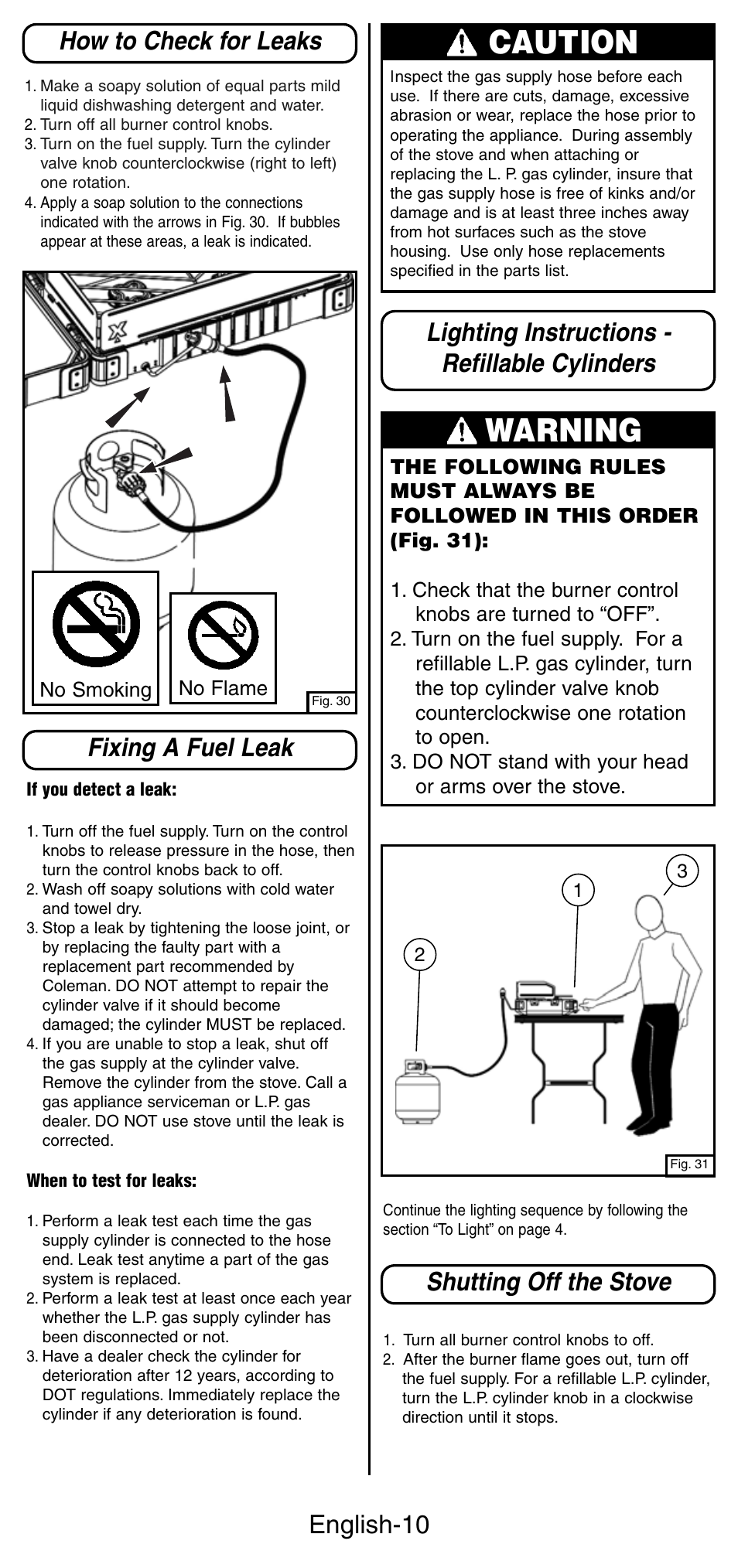 Caution, Warning, English-10 | How to check for leaks, Fixing a fuel leak | Coleman 9422 Series User Manual | Page 11 / 16