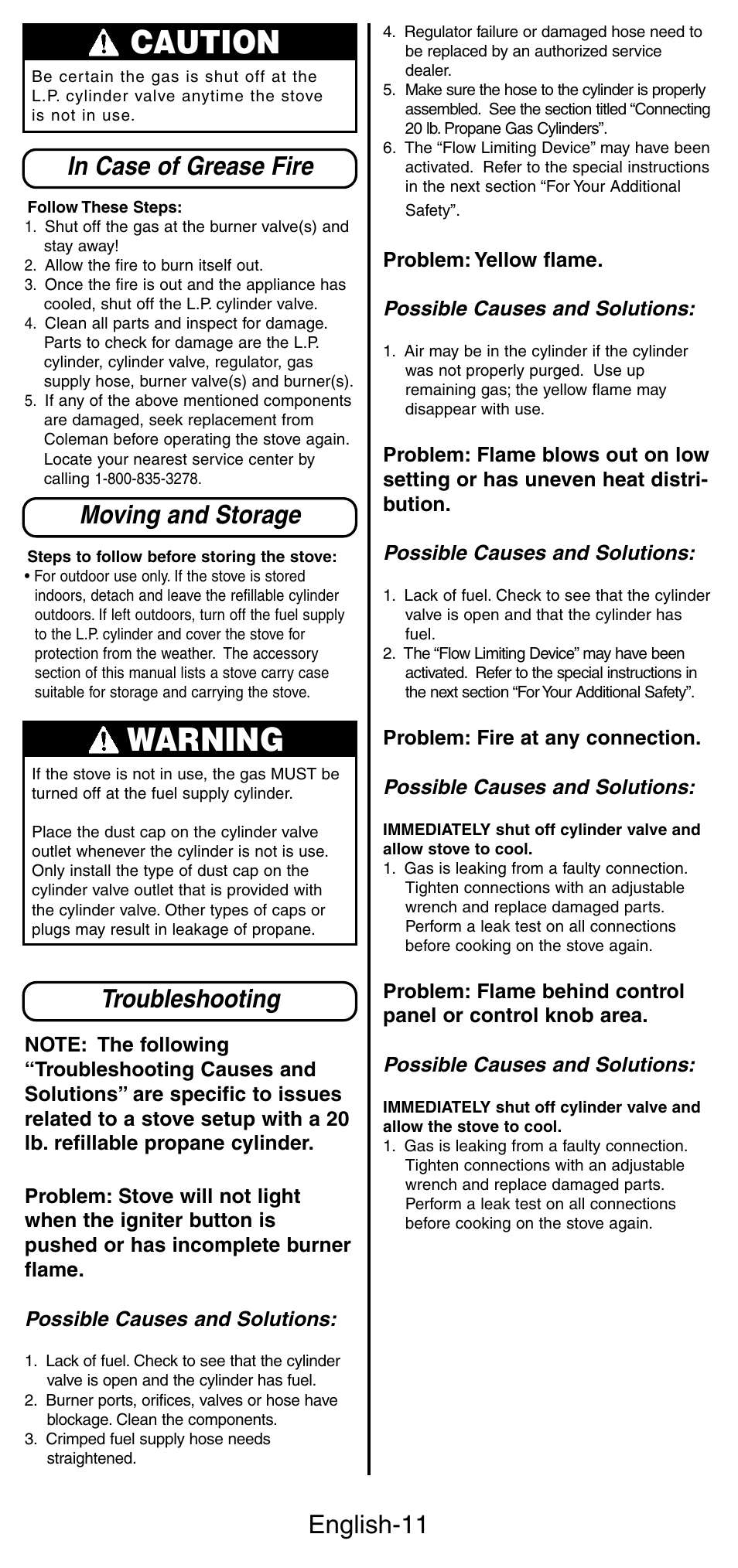 Caution, Warning, English-11 | Troubleshooting | Coleman 9422 Series User Manual | Page 12 / 16